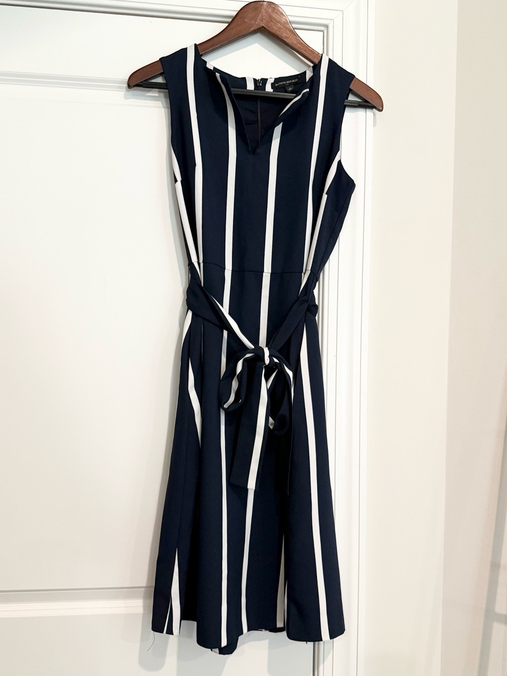Banana Republic Navy and White Vertical-Stripe Tie-Waist Midi Dress
